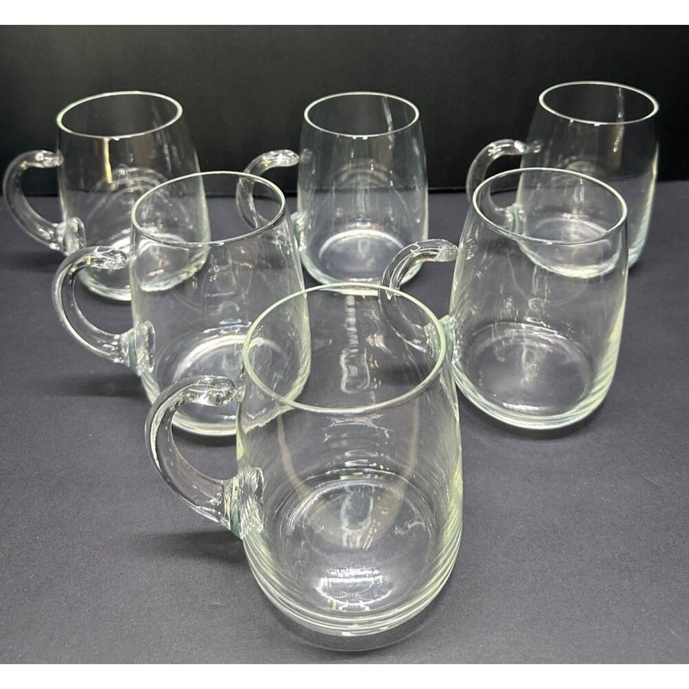 Vintage Glass Clear Beer Mugs Coffee with Unique Handles 4.5" Tall Set of 6